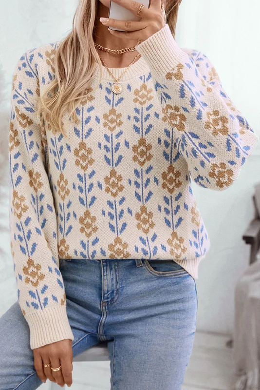 Blue Zone Planet |  Apricot Floral Pattern Crew Neck Sweater Velvet Chenille Corduroy