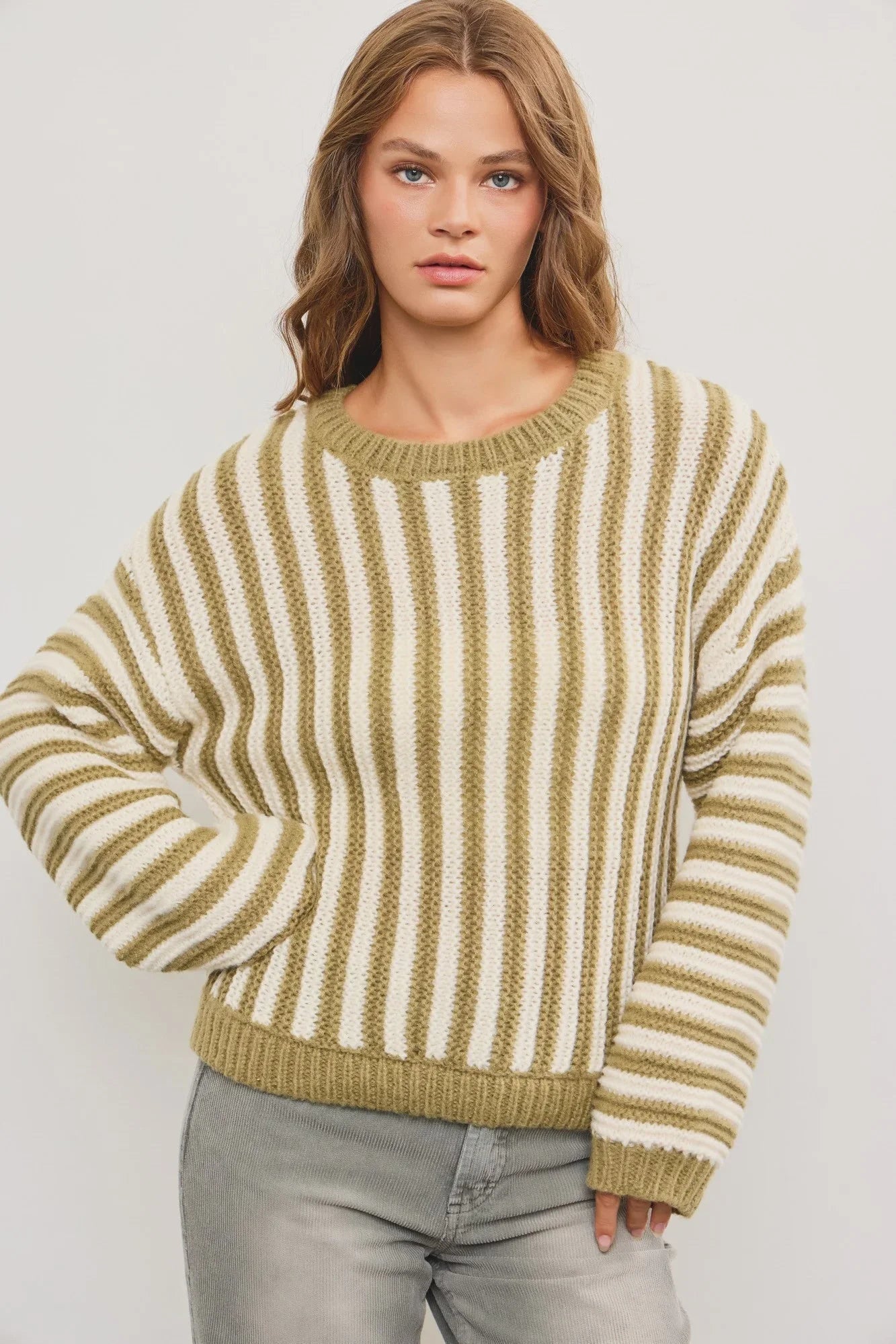 OVERSIZED CREW NECK STRIPED HEAVY SWEATER TOP Zippered Front Buttoned Front Snap Front