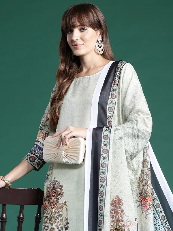 Women Green Printed Straight Kurta Trousers With Dupatta Set - Taantav Trousers Lace Delicate