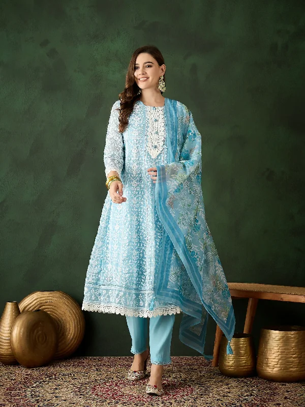 Blue Crystal Organza schiffli embroidery Kurta With Trouser & Dupatta - Bhumi Trousers Party Sparkling