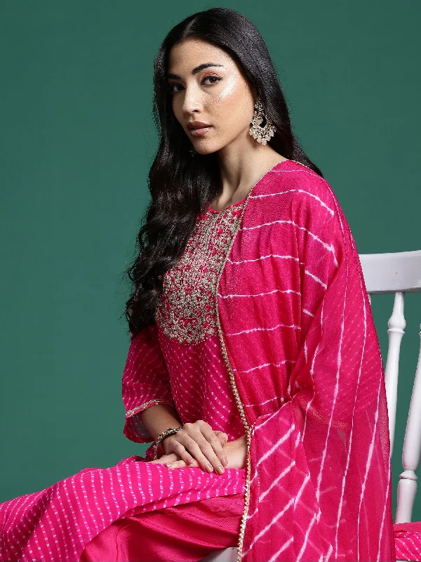 Women Pink Printed Straight Kurta Trousers With Dupatta Set - Taantav Trousers Low Rise Relaxed