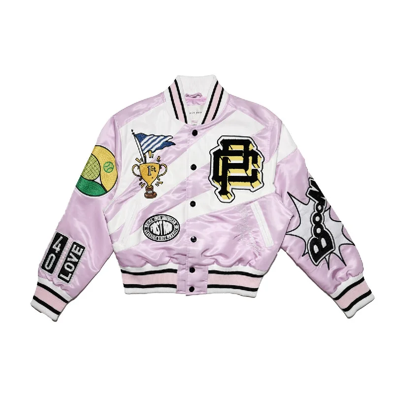 First Row Tennis "Lilac Women's Varsity Jacket" Faux Fur Fabric Real Fur Fabric Shearling Fabric First Row Tennis "Lilac Women's Varsity Jacket" Faux Fur Fabric Real Fur Fabric Shearling Fabric