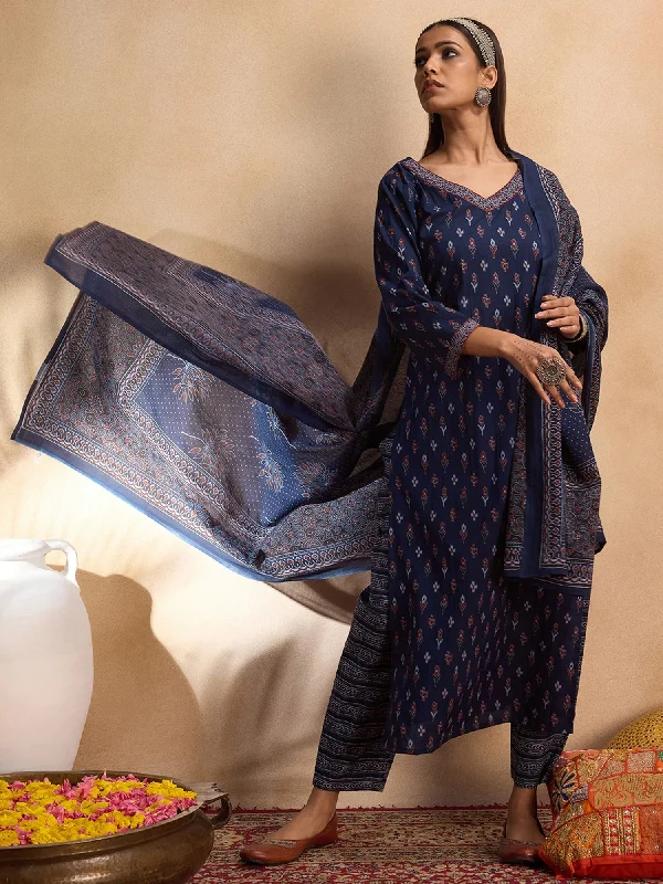 Women Blue Printed Straight Kurta Trousers With Dupatta Set - Taantav Trousers Harem Relaxed Fit