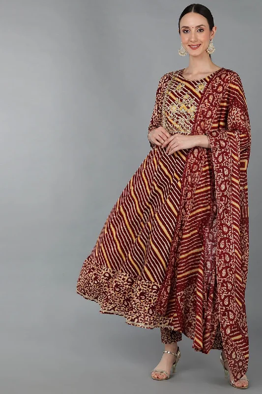 Ahika Maroon Pure Cotton Ethnic Motifs Anarkali Kurta Trousers With Dupatta Trousers stylish modern