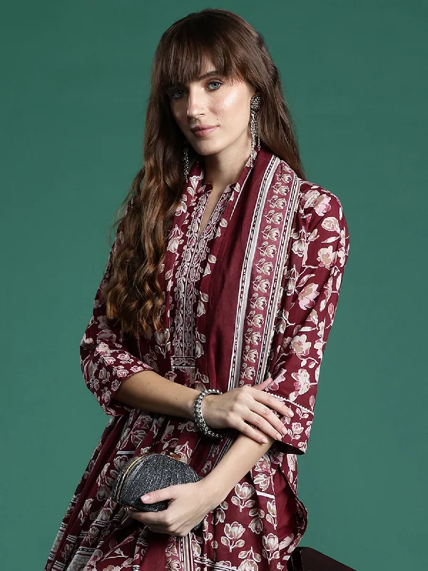 Women Maroon Printed Straight Kurta Trousers With Dupatta Set - Taantav Trousers Palazzo Wide Leg