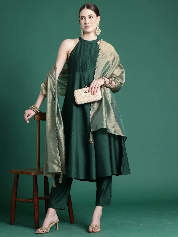 Women Green Solid A-Line Kurta Trousers With Dupatta Set - Taantav Trousers Running Lightweight