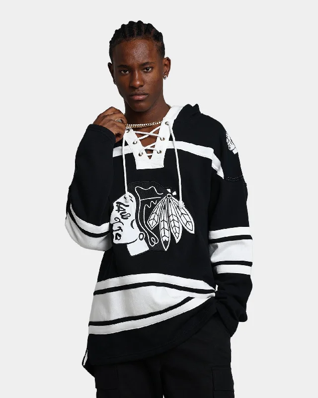 47 Brand Chicago Blackhawks Superior Lacer Hoodie Jet Black Hoodie with Front Slit Layering Stylish 47 Brand Chicago Blackhawks Superior Lacer Hoodie Jet Black Hoodie with Front Slit Layering Stylish