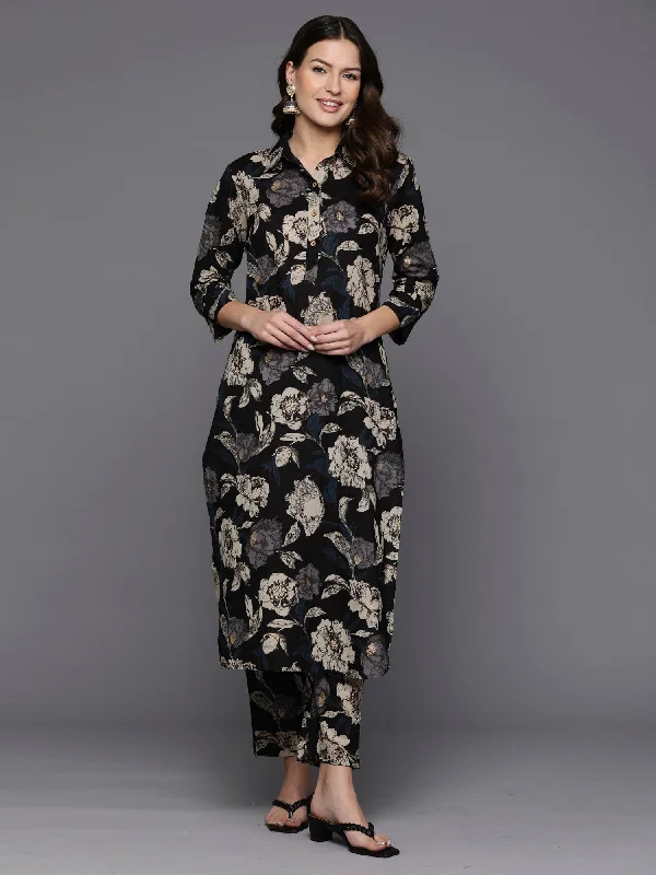 Women Black Printed Straight Kurta Trousers Set - Taantav Trousers Essential Wardrobe