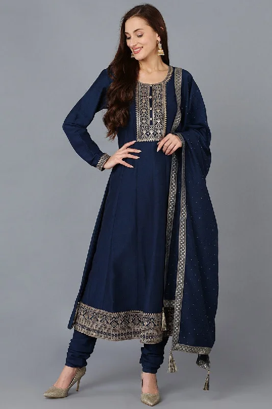 Ahika Navy Blue Silk Blend Solid A-Line Kurta Trousers With Dupatta Trousers Bootcut Casual