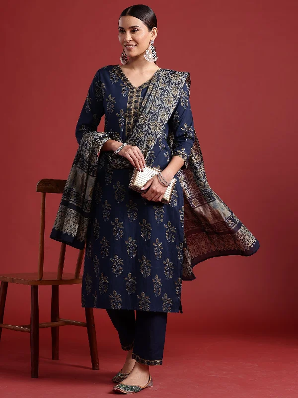 Women Blue Printed Straight Kurta Trousers With Dupatta Set - Taantav Trousers stylish elegant