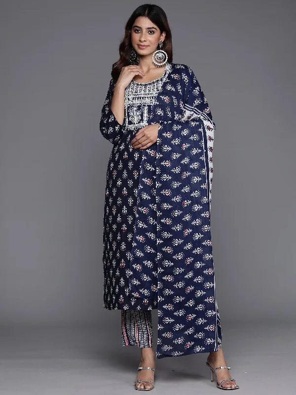 Women Navy Blue Printed Straight Kurta Trousers With Dupatta Set - Taantav Trousers fashionable trendy