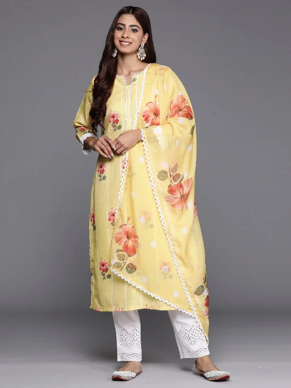 Women Yellow Printed Straight Kurta Trousers With Dupatta Set - Taantav Trousers Cargo pockets