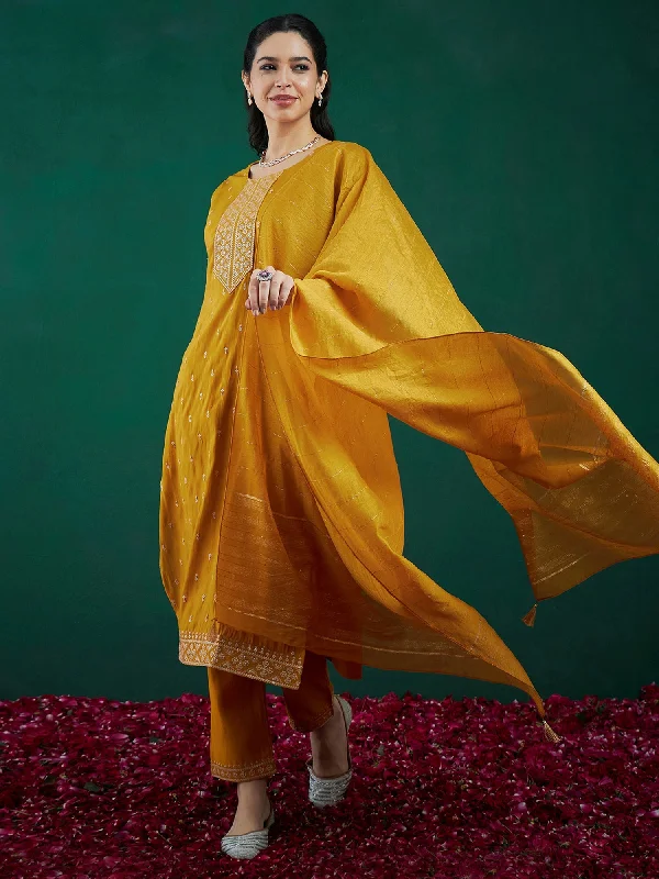 Women Mustard Embroidered Straight Kurta Trousers With Dupatta Set - Taantav Trousers Fall Fleece