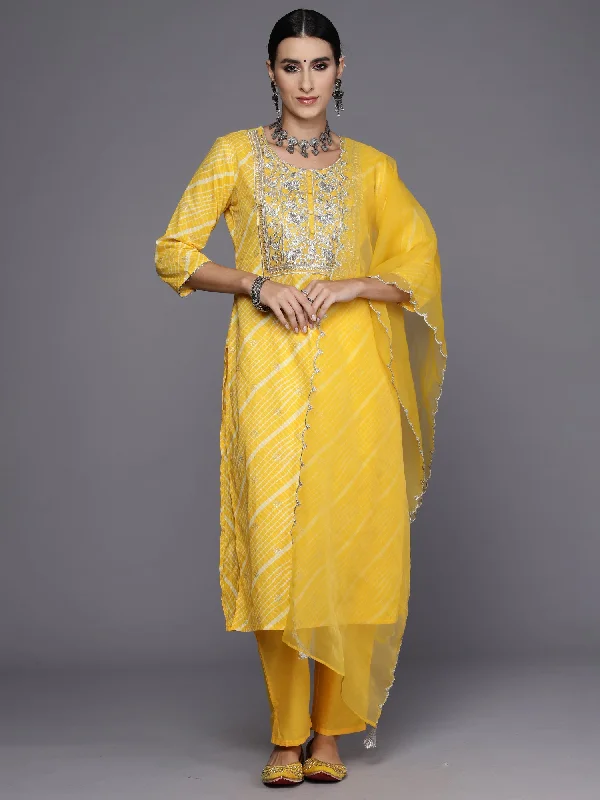 Women Yellow Embroidered Straight Kurta Trousers With Dupatta Set - Taantav Trousers Occasion Special