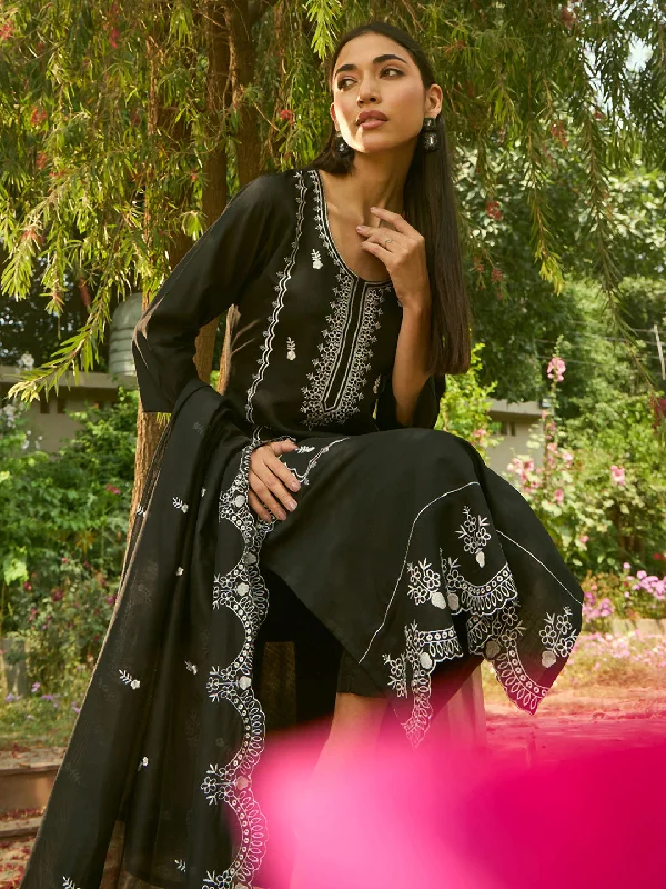 Women Black Embroidered Straight Kurta Trousers With Dupatta Set - Taantav Trousers cozy comfortable