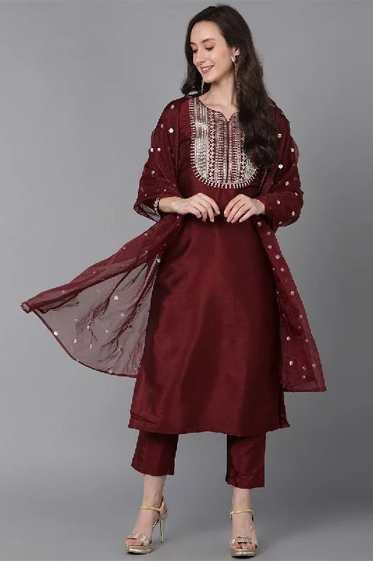 Ahika Maroon Poly Silk Solid Yoke Design Kurta Trousers With Dupatta Trousers Leisure Comfortable