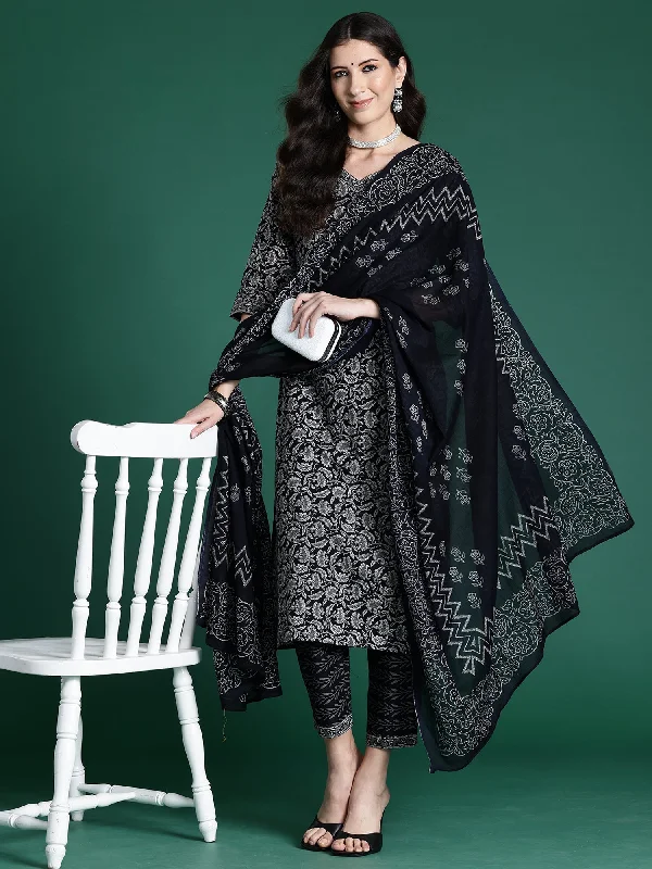 Women Black Printed Straight Kurta Trousers With Dupatta Set - Taantav Trousers versatile all-occasion