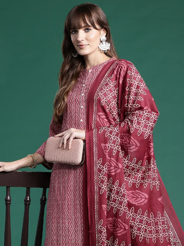 Women Pink Printed Straight Kurta Trousers With Dupatta Set - Taantav Trousers Mesh Breathable