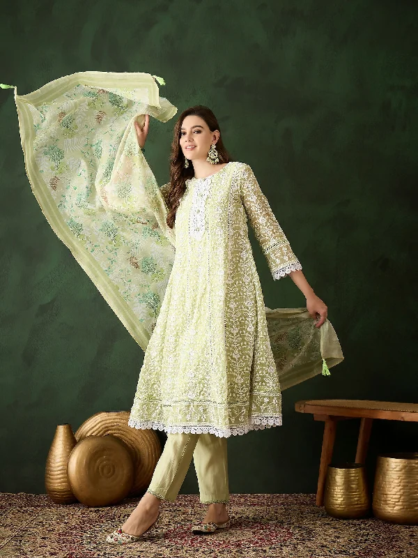 Green Crystal Organza schiffli embroidery Kurta With Trouser & Dupatta - Bhumi Trousers Wedding White