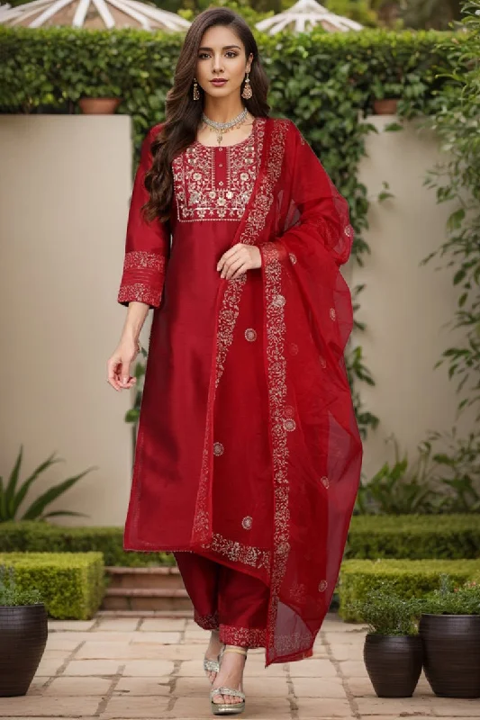 Ahika Maroon Silk Blend Yoke Design Kurta Trouser With Dupatta Trousers fashionable chic