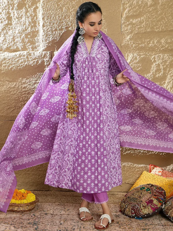 Women Lavender Printed A-Line Kurta Trousers With Dupatta Set - Taantav Trousers Business Professional