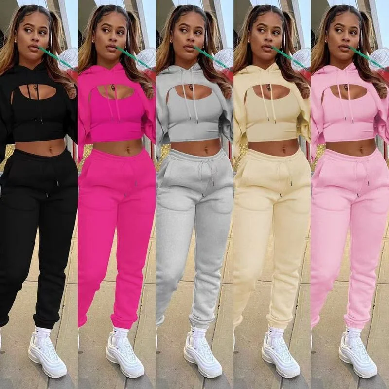 Wholesale plush hoodie with cotton vest and jogging pants three piece suit 3PC(CL9415) Hoodie with Velcro Closure Adjustable Secure Wholesale plush hoodie with cotton vest and jogging pants three piece suit 3PC(CL9415) Hoodie with Velcro Closure Adjustable Secure