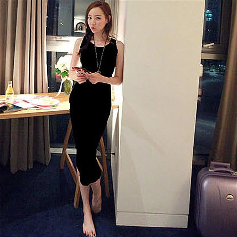 Women Sleeveless Spaghetti Strap Bodycon Bag Hip Cassual Slim Long Bottoming Dress
