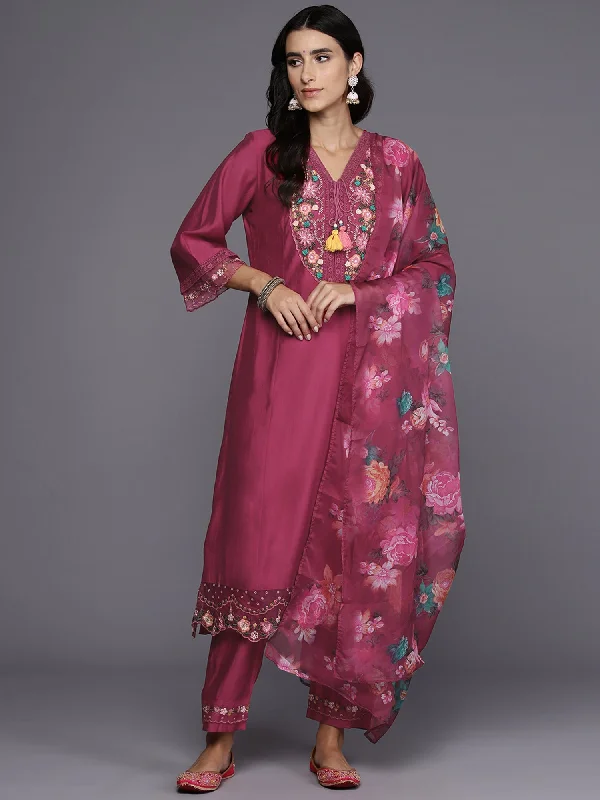 Women Pink Embroidered A-Line Kurta Trousers With Dupatta Set - Taantav Trousers practical easy-care