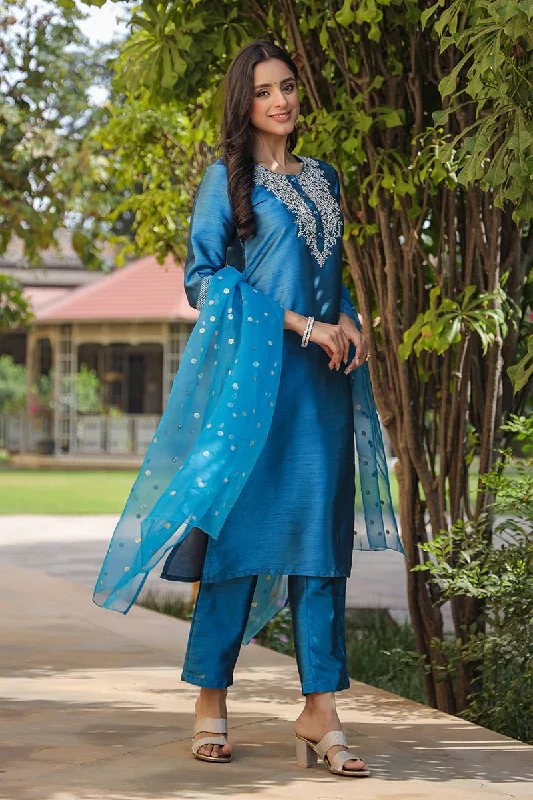 Ahika Blue Poly Silk Solid Yoke Design Kurta Trousers With Dupatta Trousers Velvet Soft