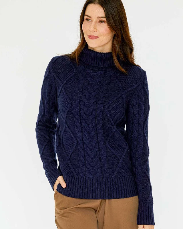 Womans Classic Cable Turtleneck Sweater in Navy - order size down, runs large Chenille Brocade Lace