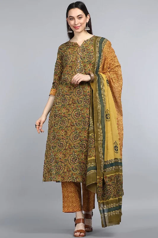 Ahika Green Yellow Floral Printed Pure Cotton Kurta with Trousers Dupatta Set Trousers Bestseller Popular