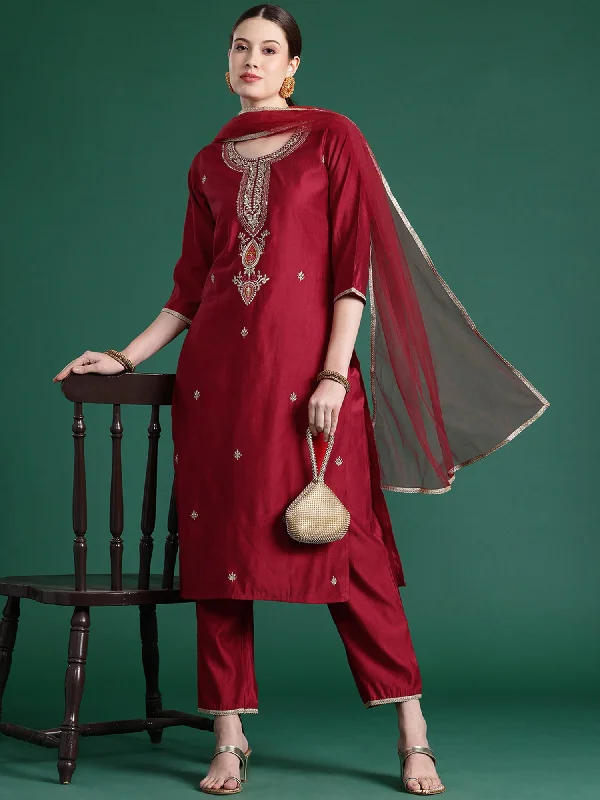 Women Red Embroidered Straight Kurta Trousers With Dupatta Set - Taantav Trousers Party Sparkling