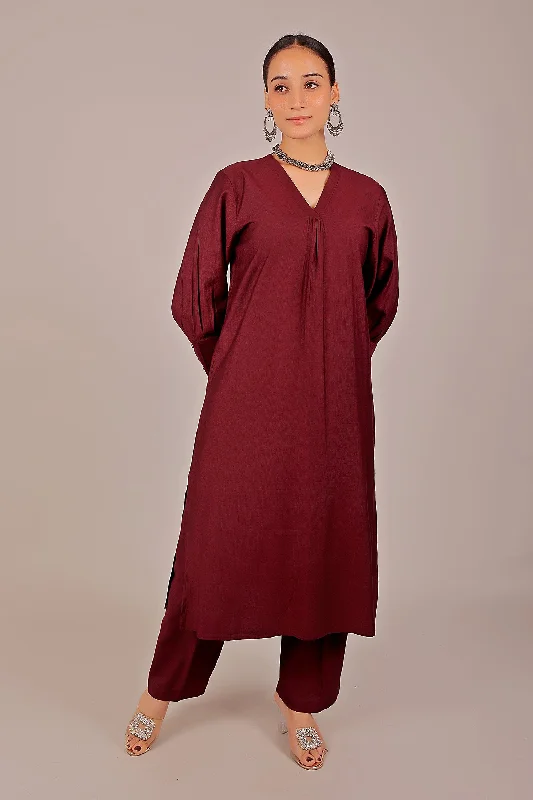 Bluesaanchi Women's Maroon Kurti With Trouser Pajama Set Cropped Trousers Casual Linen