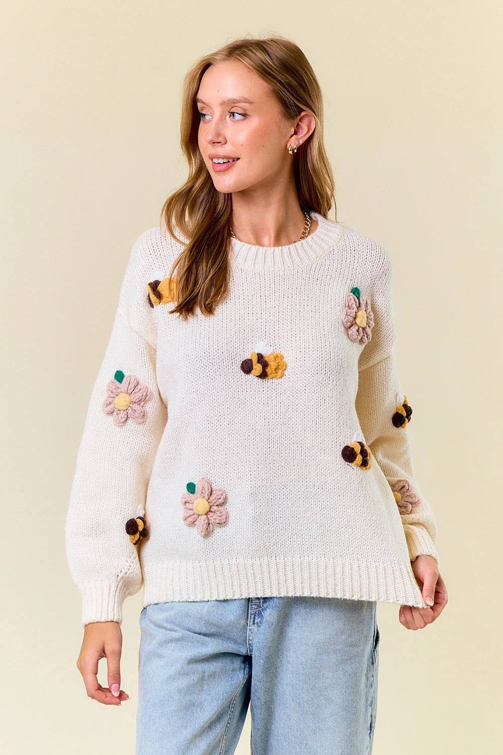 BEE KNIT SWEATER Boat Neck Shawl Collar Notched Collar