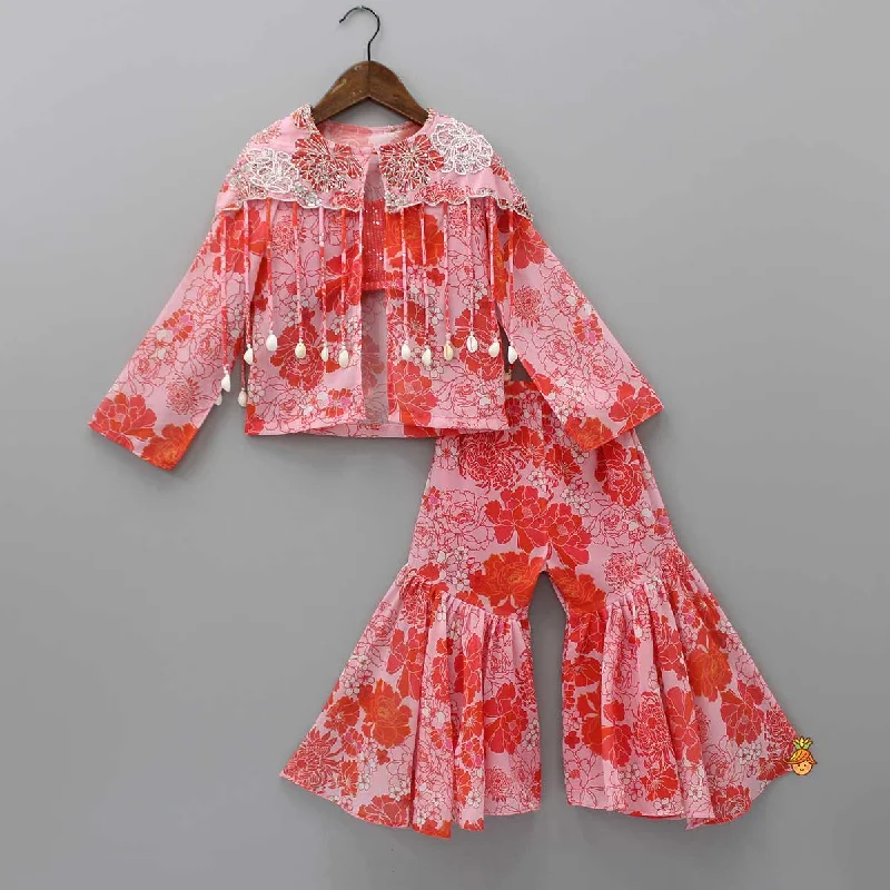 Pre Order: Sequin Detail Strappy Top And Embroidered Jacket With Sharara Satin Fabric Silk Fabric Chiffon Fabric Pre Order: Sequin Detail Strappy Top And Embroidered Jacket With Sharara Satin Fabric Silk Fabric Chiffon Fabric