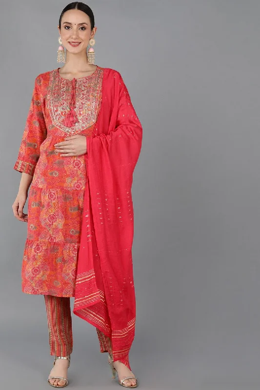 Ahika Peach Silk Blend Abstract Straight Kurta Trousers With Dupatta Trousers Canvas Durable