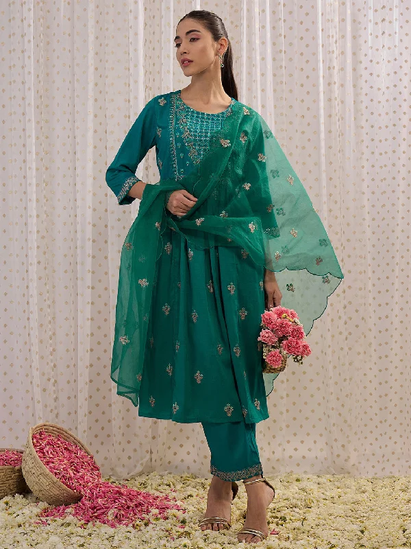 Women Teal Embroidered A-Line Kurta Trousers With Dupatta Set - Taantav Trousers Designer Luxury