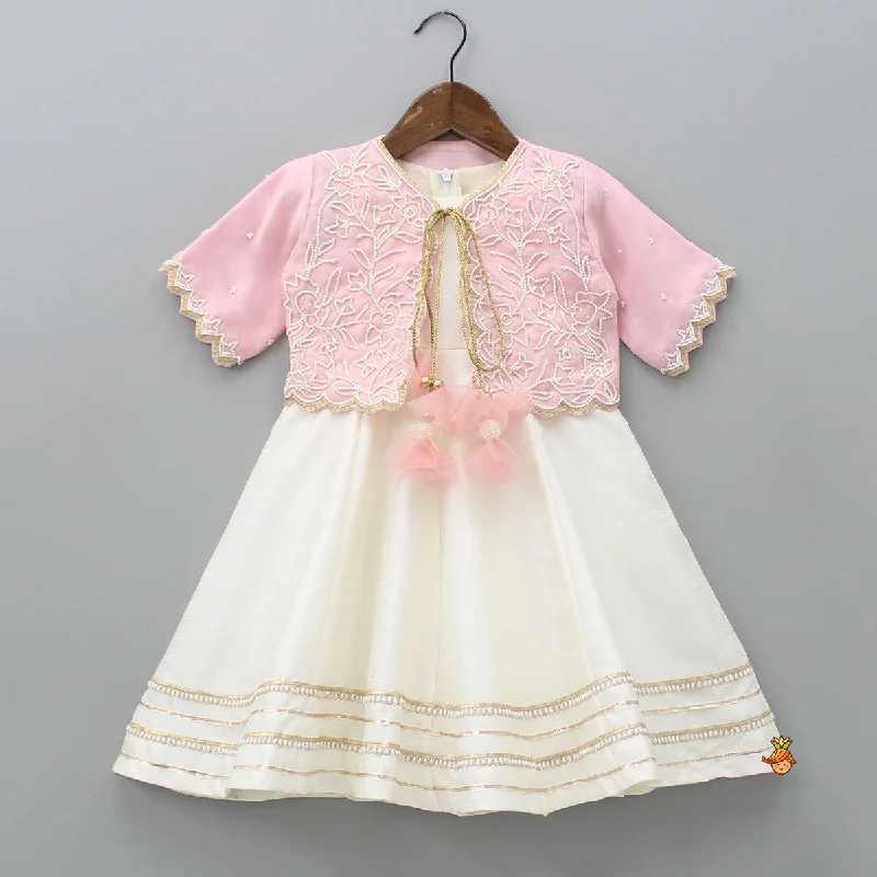 Pre Order: Off White Kurti With Pink Organza Jacket Chenille Fabric Brocade Fabric Lace Fabric Pre Order: Off White Kurti With Pink Organza Jacket Chenille Fabric Brocade Fabric Lace Fabric