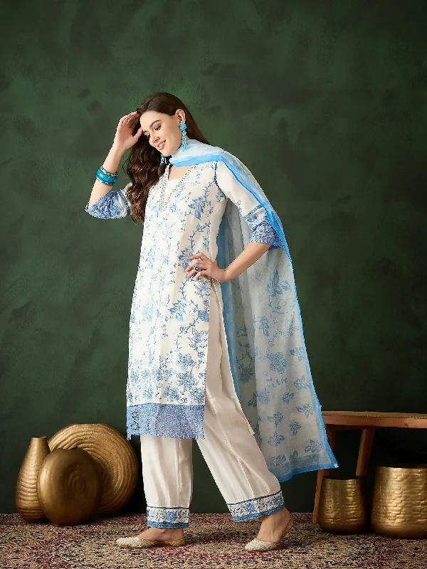 Blue & White Roman Silk Embroidered Kurta With Trouser & Dupatta - Bhumi Trousers Office Stylish