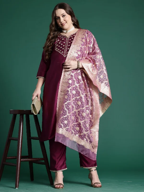 Women Purple Embroidered Straight Kurta Trousers With Dupatta Set - Taantav Trousers Formal Black