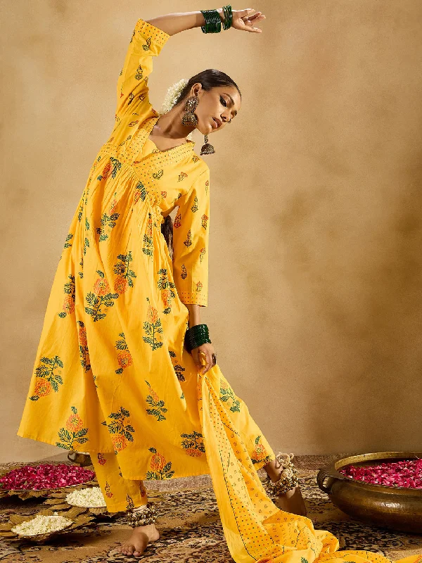 Women Yellow Printed A-Line Kurta Trousers With Dupatta Set - Taantav Trousers Striped Patterned