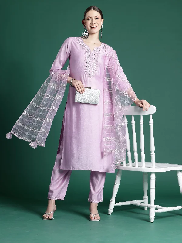 Women Lavender Embroidered Straight Kurta Trousers Set - Taantav Trousers New Arrival