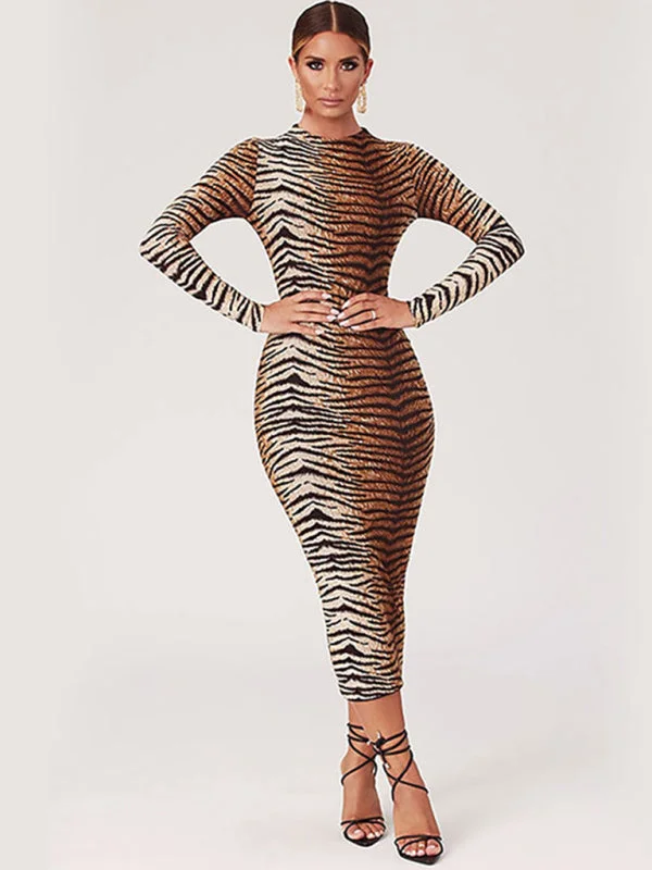 Women's Sexy Long -sleeved Round Collars Leopard Dress +