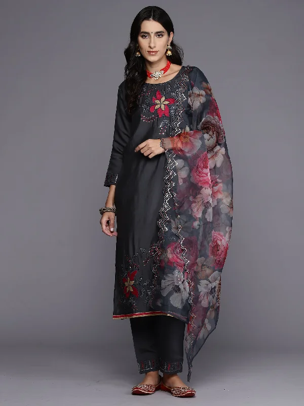 Women Grey Embroidered Straight Kurta Trousers With Dupatta Set - Taantav Trousers Custom Made