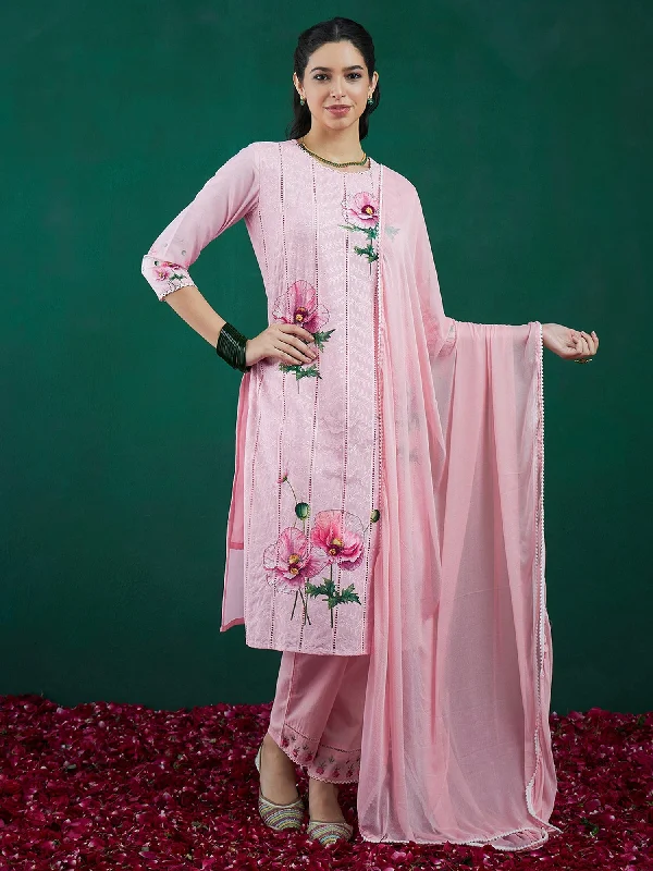 Women Peach Printed Straight Kurta Trousers With Dupatta Set - Taantav Chinos Cotton Straight Leg