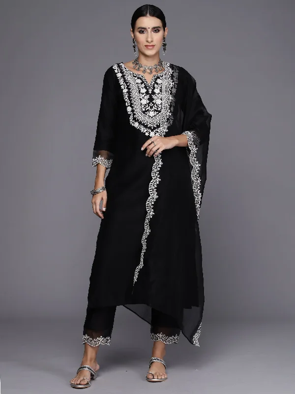 Women Black Embroidered Straight Kurta Trousers With Dupatta Set - Taantav Trousers Leather Faux