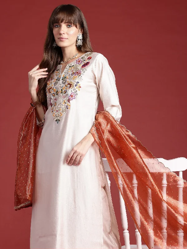 Women Off White Embroidered Straight Kurta Trousers With Dupatta Set - Taantav Trousers Prom Sequined