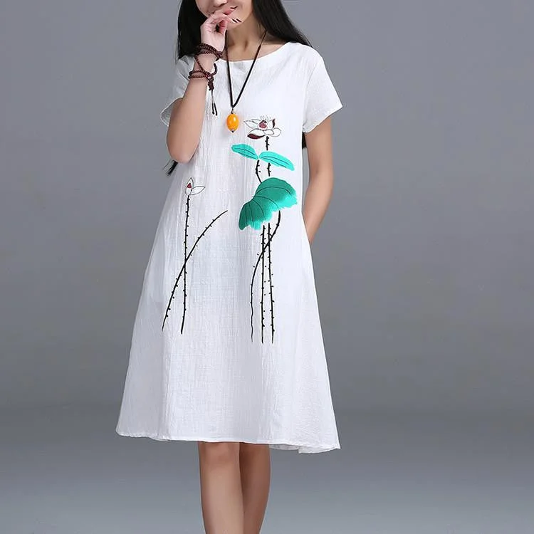 Womens Short sleeve Long Dress High Ink Printing cotton linen Vintage Dress E610