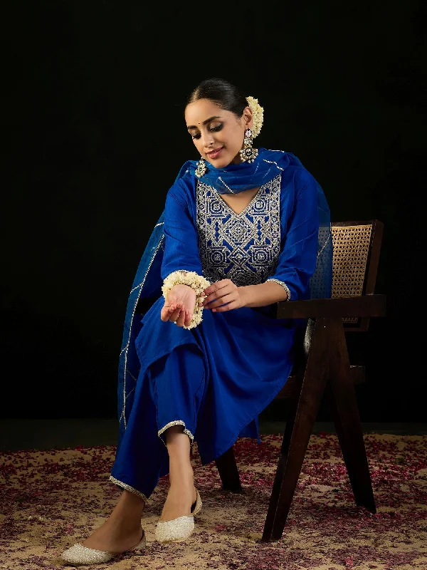 Women Blue Embroidered Straight Kurta Trousers With Dupatta Set - Taantav Trousers luxurious premium