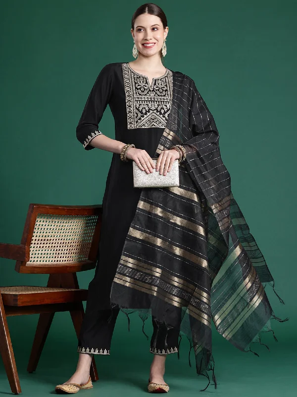 Women Black Embroidered Straight Kurta Trousers With Dupatta Set - Taantav Trousers Denim Distressed